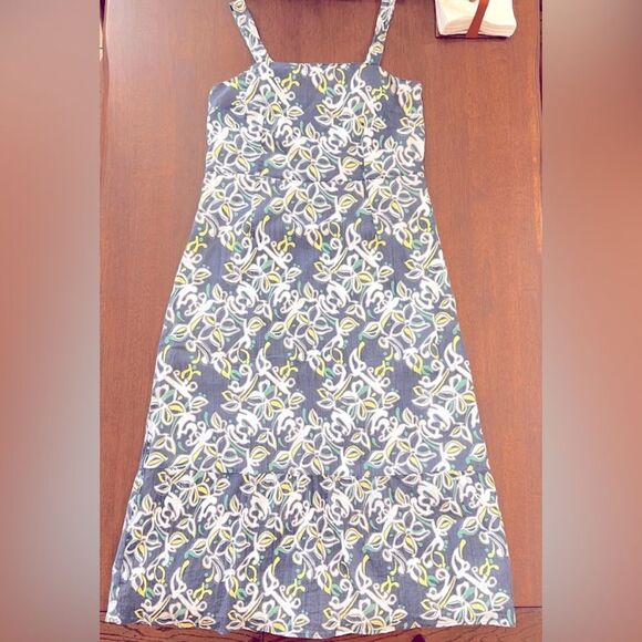 Boho Floral Midi Sundress Blue White Green Cotton Lined Side Zip Size 12 Merona - Picture 3 of 10